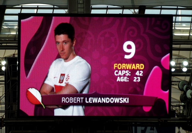 number 9, Robert Lewandowski soccer player from Poland in score board picture