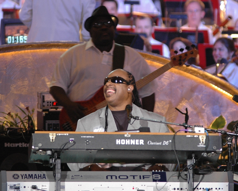 stevie wonder and nathan watts on stage