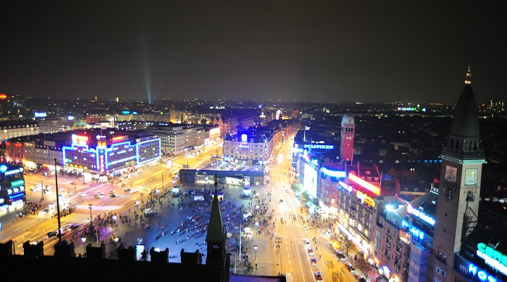 Photo of ariel view of Copenhagen at night