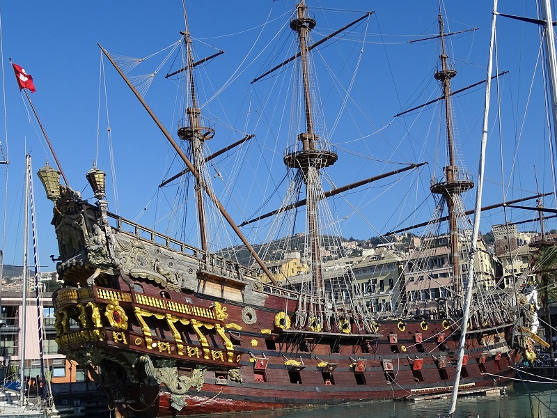 Image of a historic naval vessel in Sea and Naval Museum in Genoa